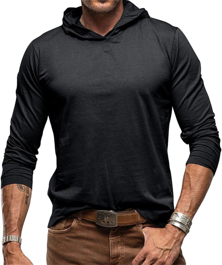 T-Shirt Manches Longues Pour Homme À Capuche Coupe Ajustée Basique Tee Shirt Retro Couleur Unie Sweat Tops Décontractée Baselayer Col Rond Chemise Blouse Automne Hiver